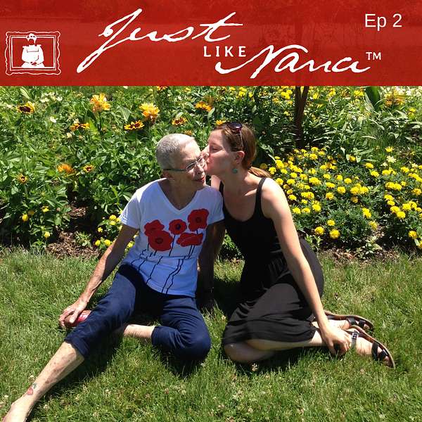 Granddaughter kisses grandmother in garden